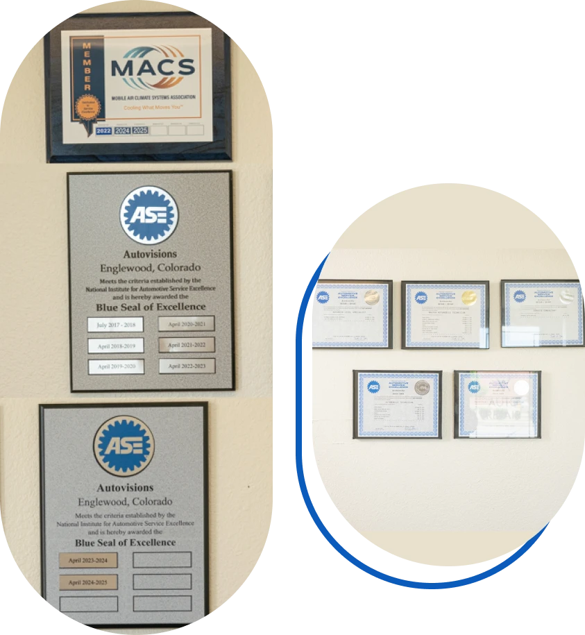 Auto repair careers in Englewood, CO by Autovisions. Image shows ASE Blue Seal of Excellence awards and MACS membership plaque, along with framed ASE certificates, emphasizing the shop’s professional recognition and commitment to high-quality automotive service.