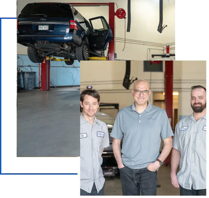 Image of a vehicle lifted in the shop alongside three ASE-certified technicians, showcasing the shop’s trusted history, skilled team, and commitment to reliable automotive maintenance and repair services.